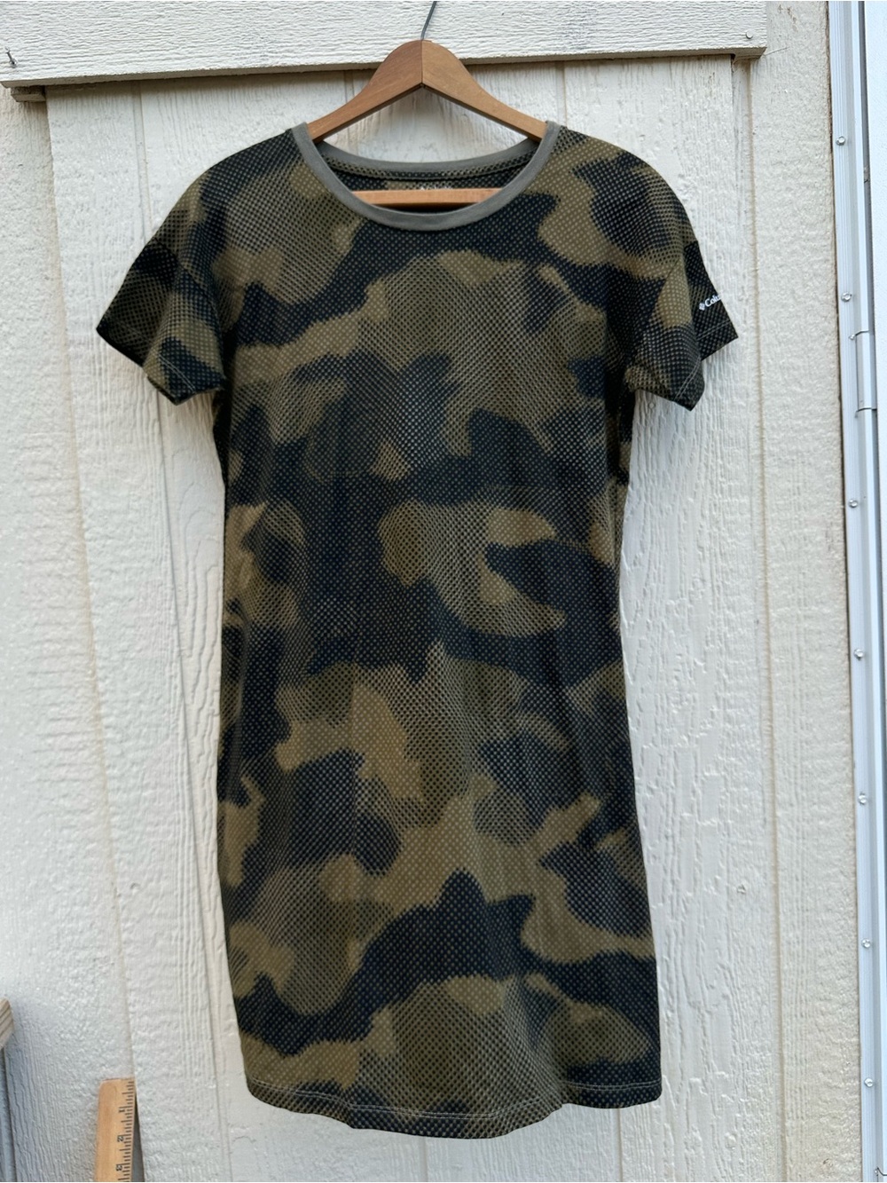 Columbia Park Dress Short Sleeve Cotton Camo Print Light Green Sage Sz M